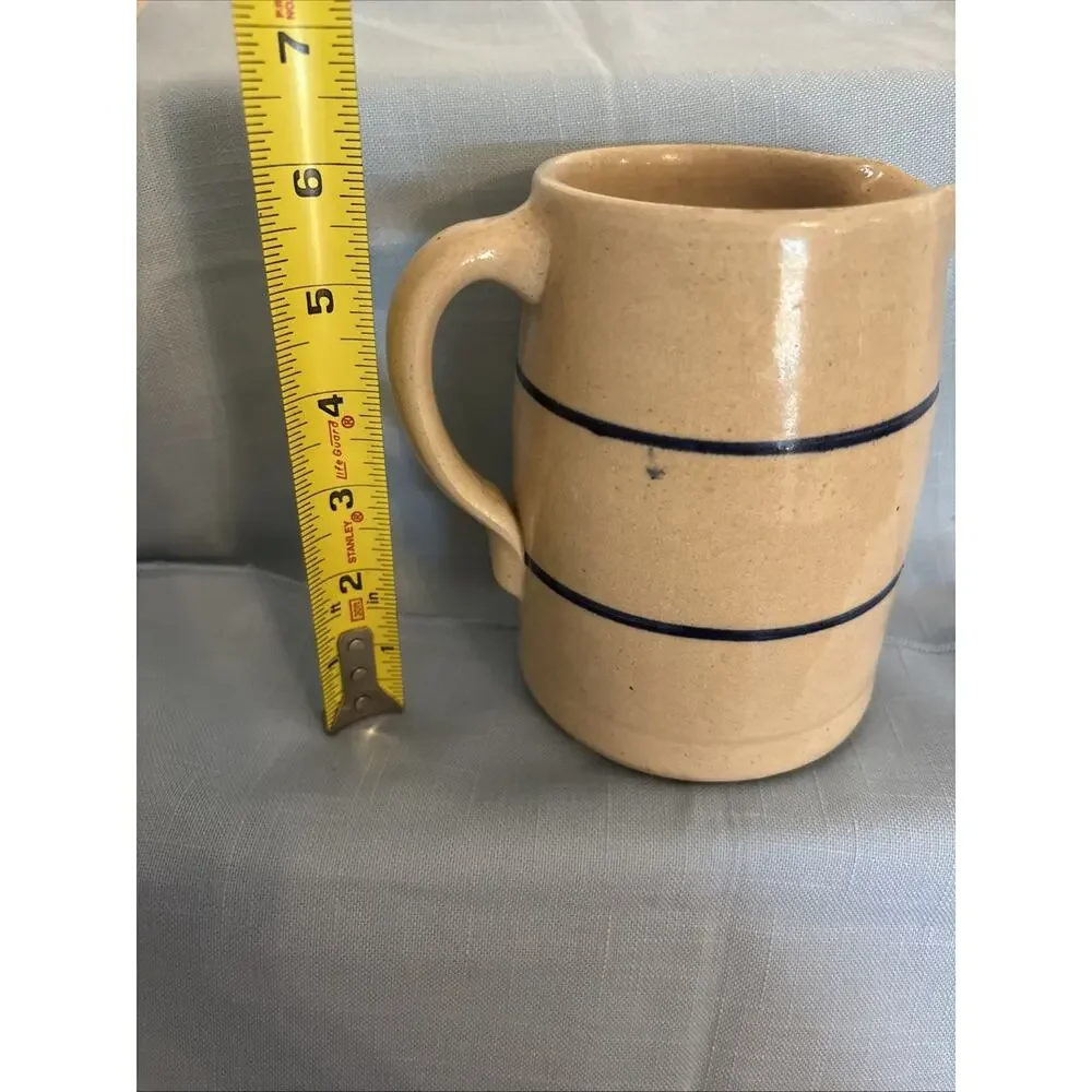 Antique Stoneware Pitcher Beige W/ Blue Stripe Rustic Farmhouse Decor Heavy